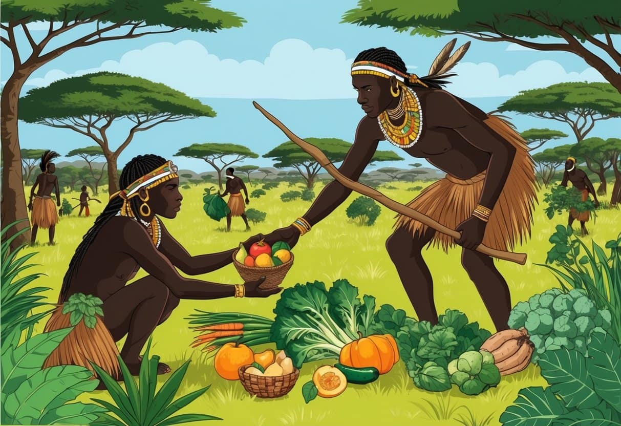 A Hadza hunter gathers fruits and vegetables in the lush Tanzanian savanna, showcasing the tribe's natural diet and active lifestyle