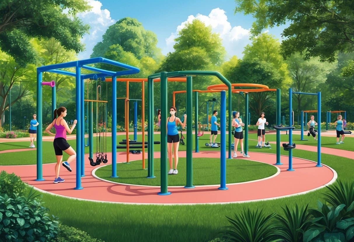 A vibrant park setting with a variety of fitness stations surrounded by lush greenery and people engaging in different outdoor workouts
