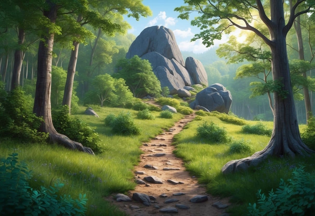 A serene forest clearing with a rugged trail leading to a rocky outcrop, surrounded by lush greenery and dappled sunlight
