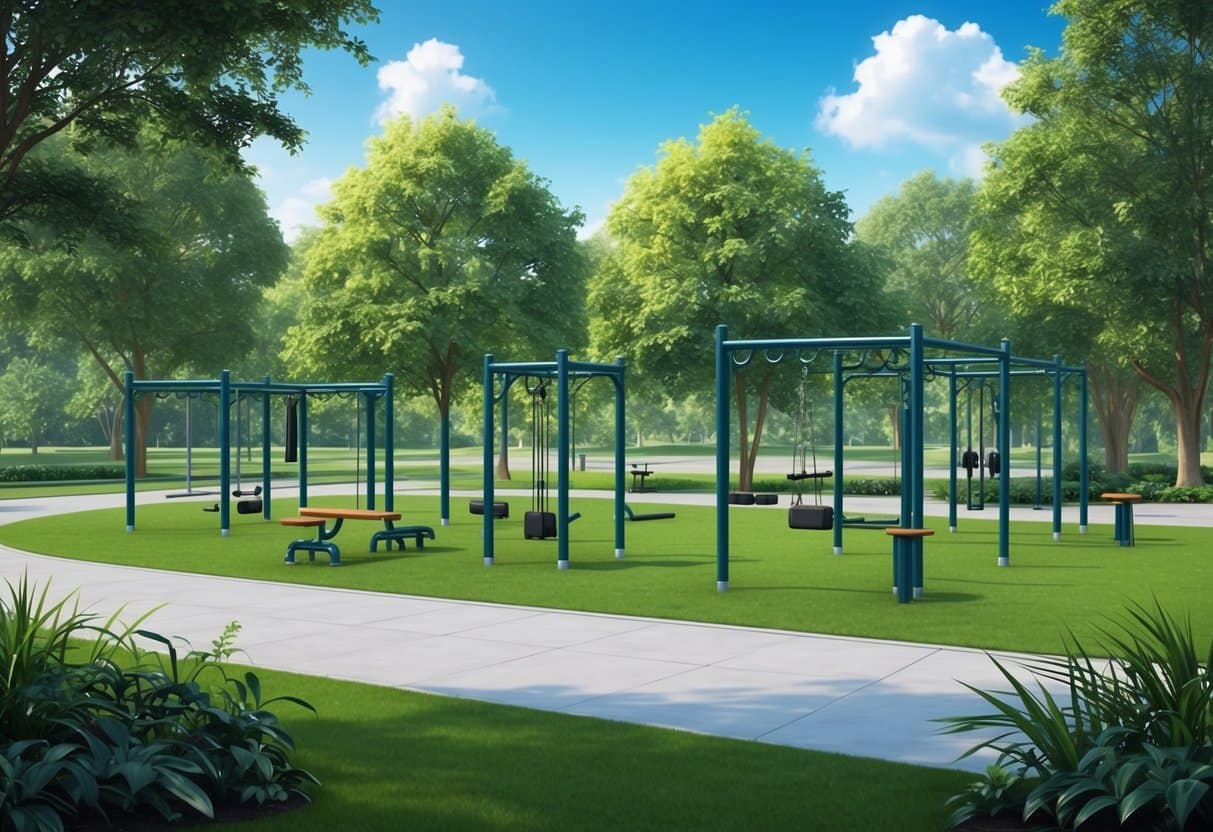 A serene park with a variety of workout stations, surrounded by lush greenery and a clear blue sky