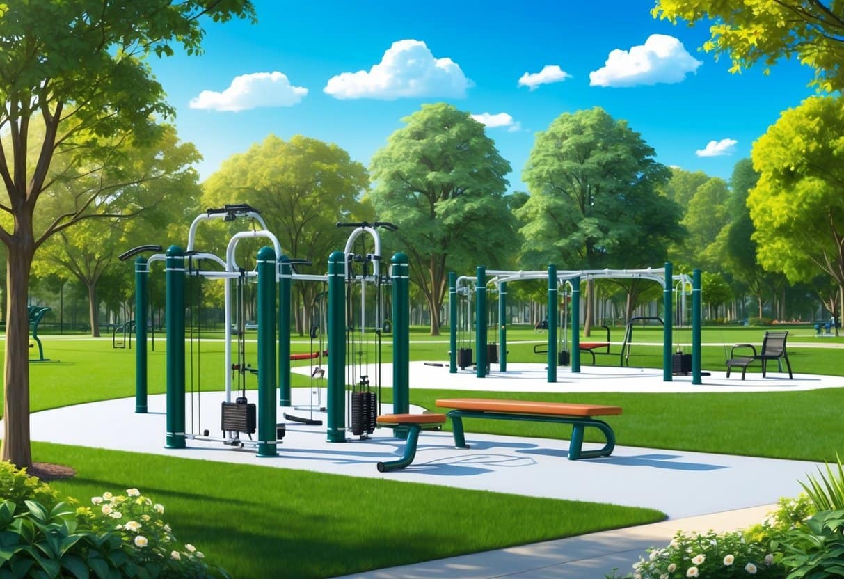 A sunny park with a variety of outdoor exercise equipment surrounded by lush greenery and clear blue skies