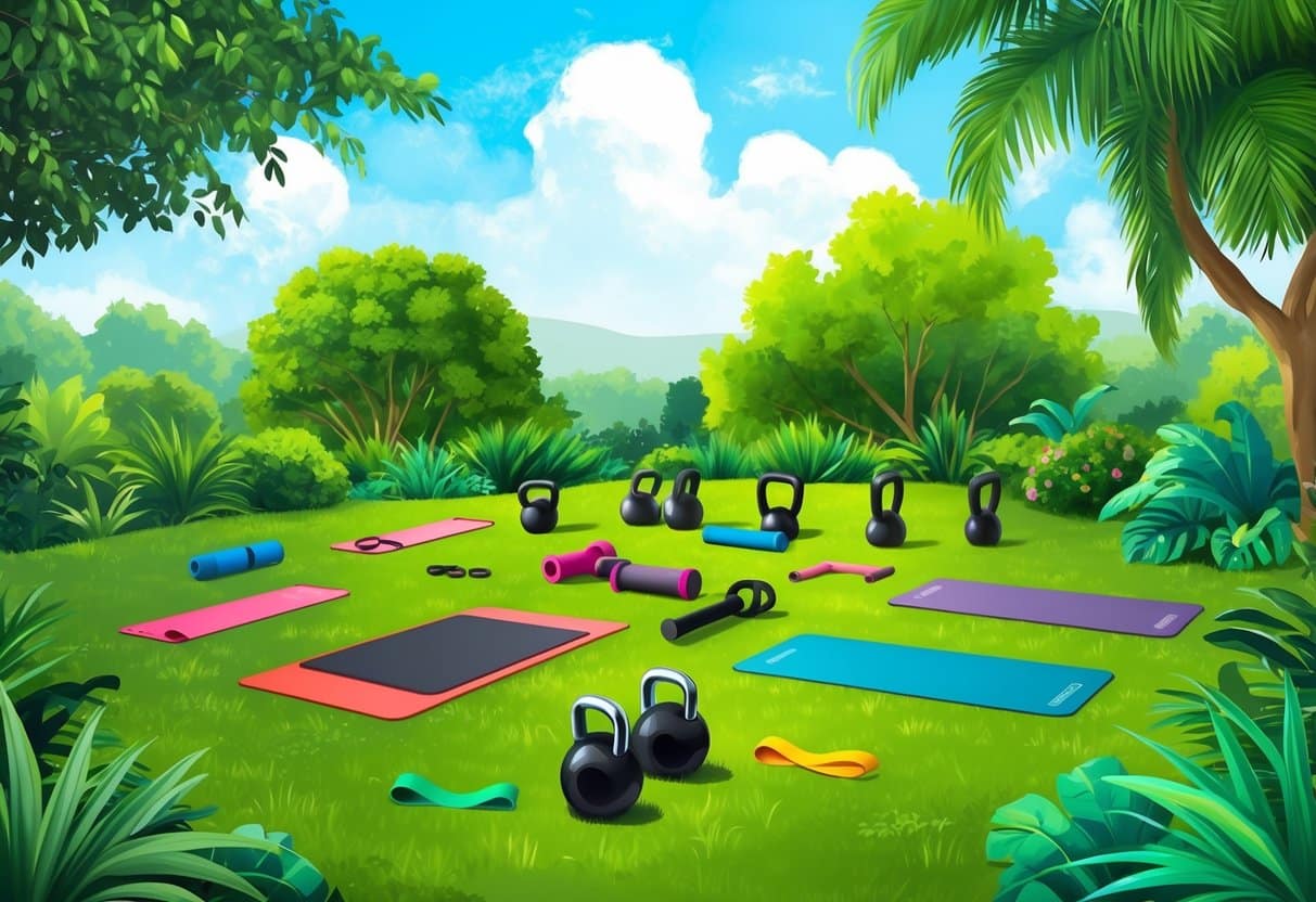 A lush outdoor setting with diverse workout equipment scattered across the landscape, including resistance bands, kettlebells, and yoga mats