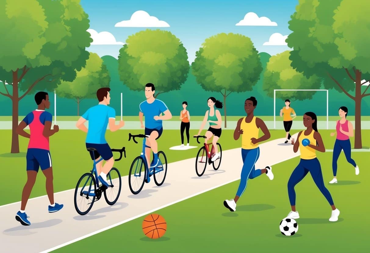 A group of people are engaged in various outdoor workout activities such as jogging, cycling, yoga, and playing sports like soccer and basketball in a park setting
