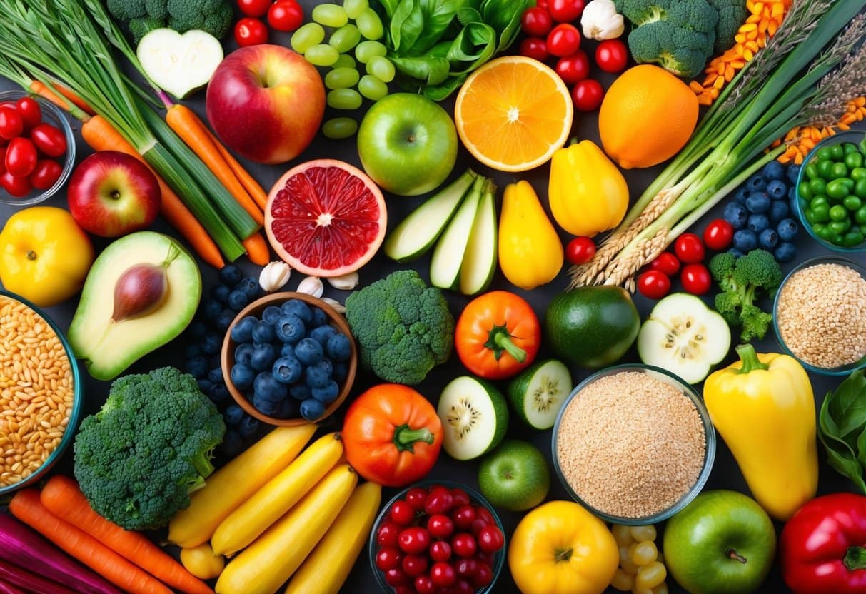 A colorful array of fruits, vegetables, and whole grains arranged in a vibrant, enticing display