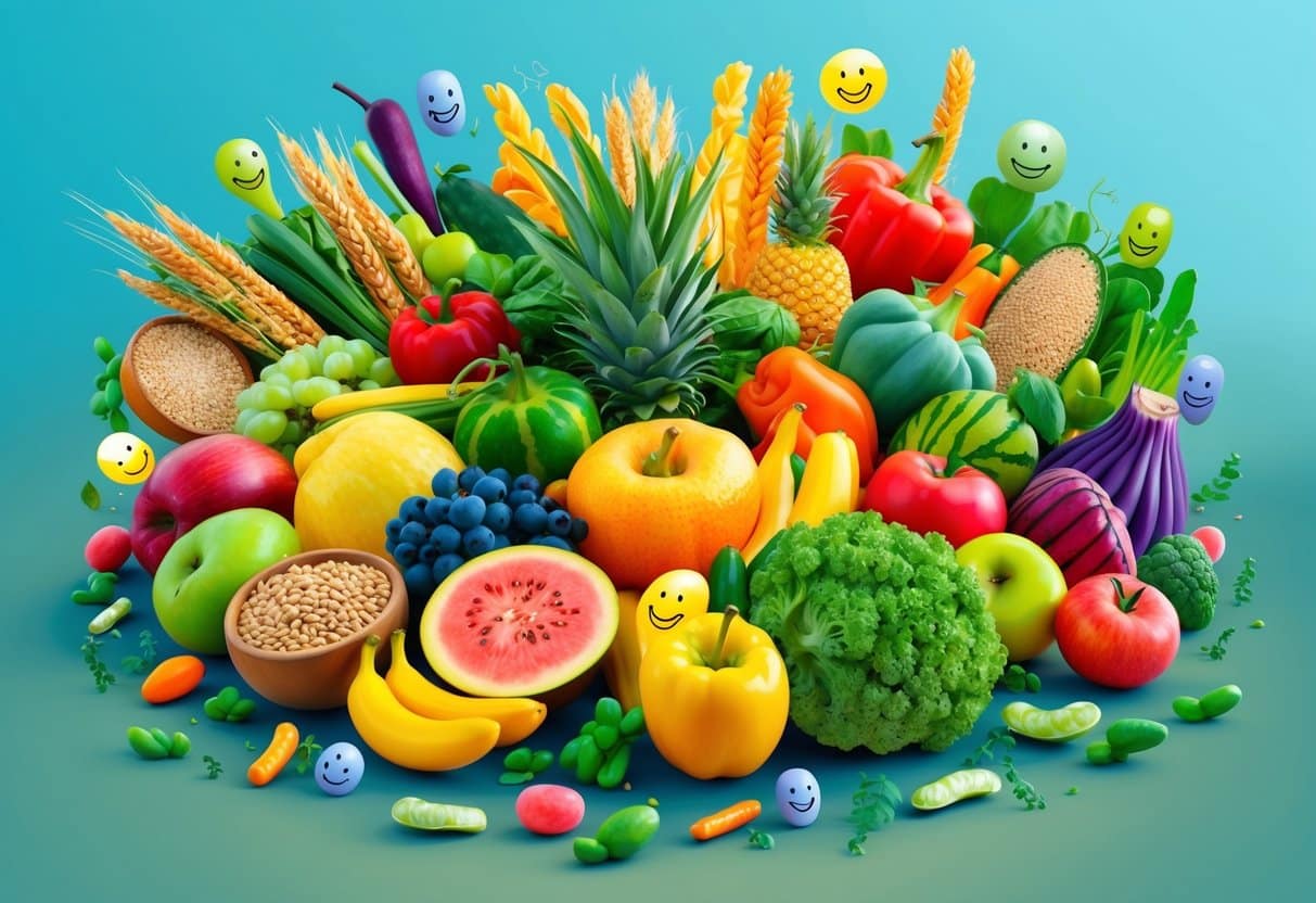A colorful, vibrant illustration of a diverse array of fruits, vegetables, and whole grains, surrounded by friendly, smiling bacteria and microbes