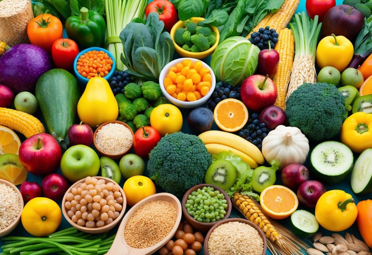 A colorful array of fruits, vegetables, and whole grains arranged in a vibrant, inviting display. A variety of prebiotic-rich foods fill the scene, evoking a sense of health and wellness