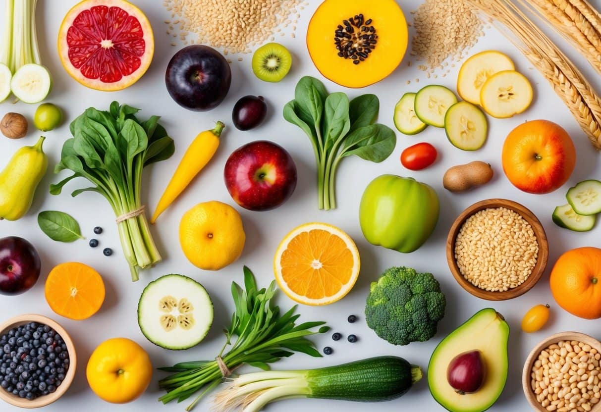 A colorful array of fruits, vegetables, whole grains, and legumes, with a focus on their natural shapes and textures, arranged in a visually appealing composition