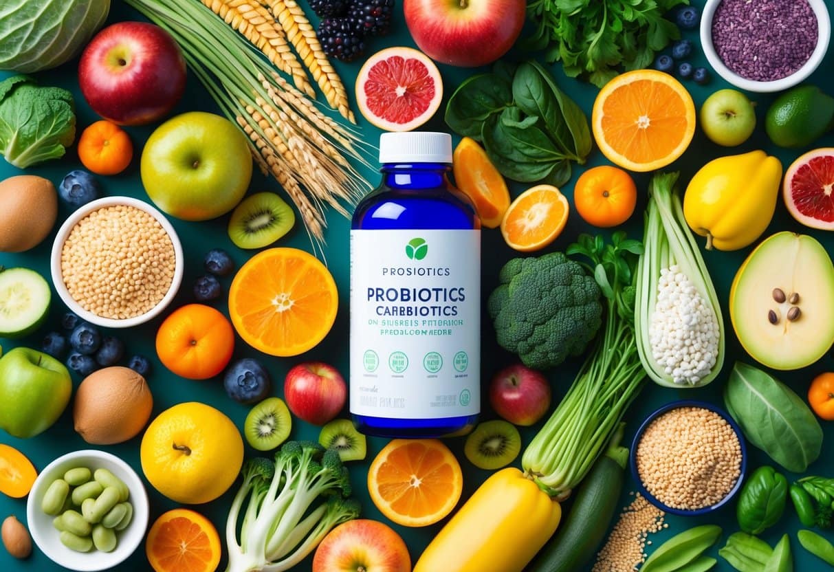 A diverse array of fruits, vegetables, and grains surround a bottle of probiotics, showcasing the natural sources of prebiotics for gut health