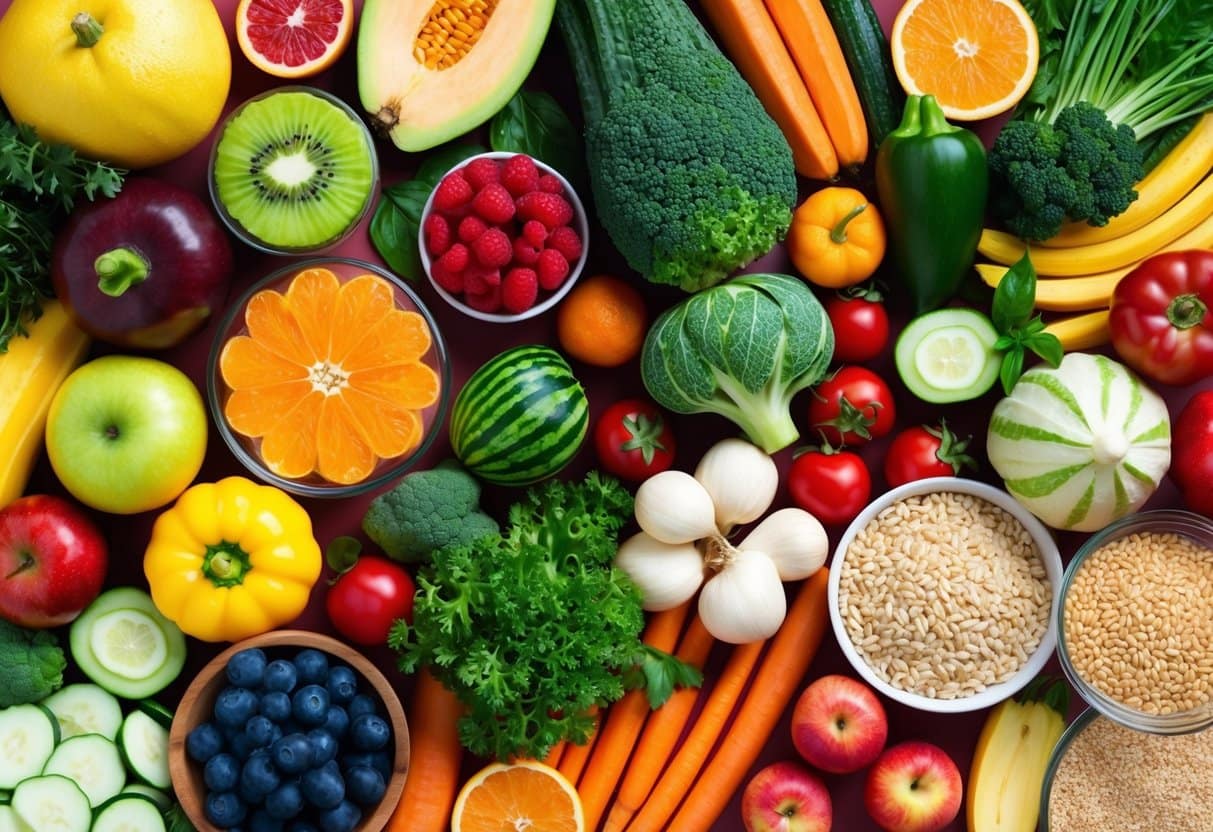 A diverse array of colorful fruits, vegetables, and whole grains arranged in a vibrant and appealing display
