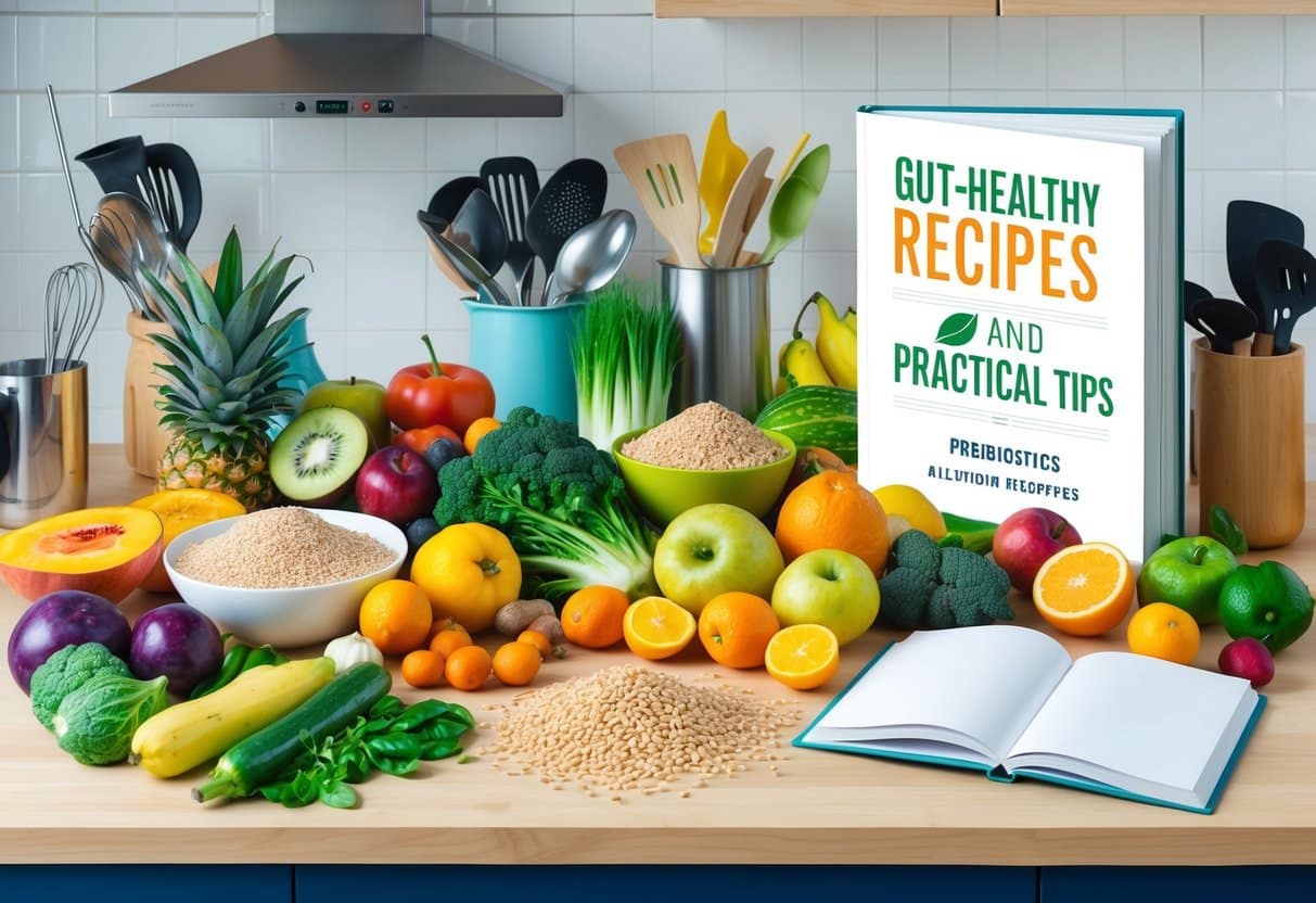 A colorful array of fruits, vegetables, and whole grains arranged on a kitchen counter, with a variety of cooking utensils and a book titled "Gut-Healthy Recipes and Practical Tips" open to a page about prebiotics
