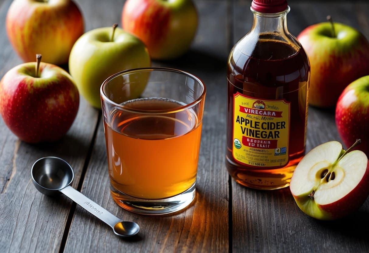 A glass of apple cider vinegar with a measuring spoon next to it, surrounded by fresh apples and a bottle of vinegar