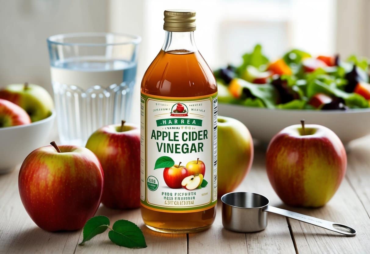 A bottle of apple cider vinegar surrounded by fresh apples and a measuring spoon, with a glass of water and a salad in the background