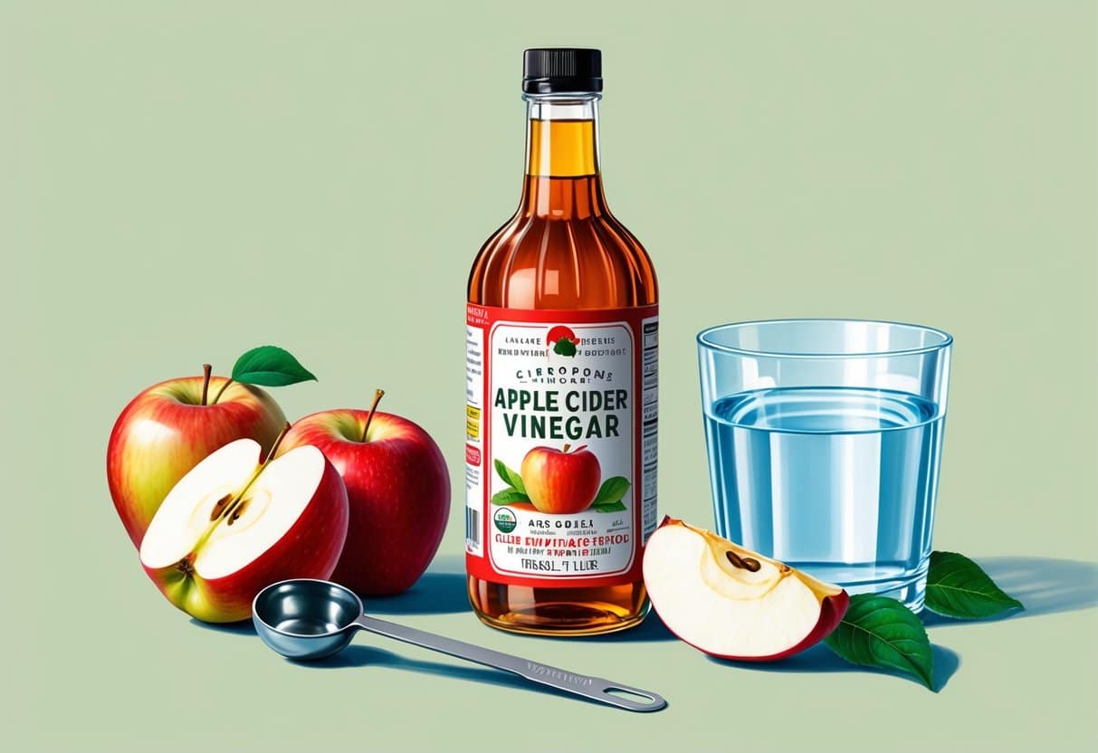 A bottle of apple cider vinegar surrounded by fresh apples, a measuring spoon, and a glass of water
