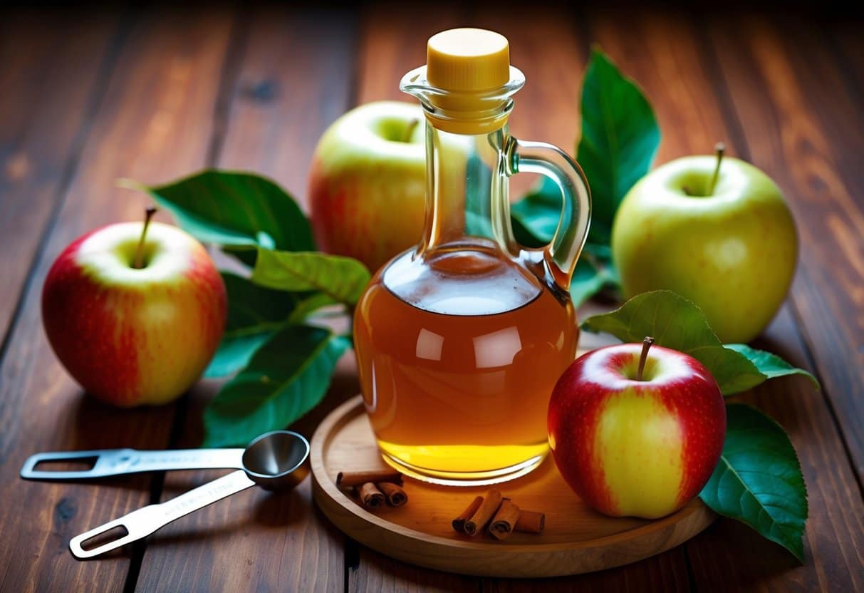 A glass bottle of apple cider vinegar surrounded by fresh apples and a measuring spoon on a wooden table