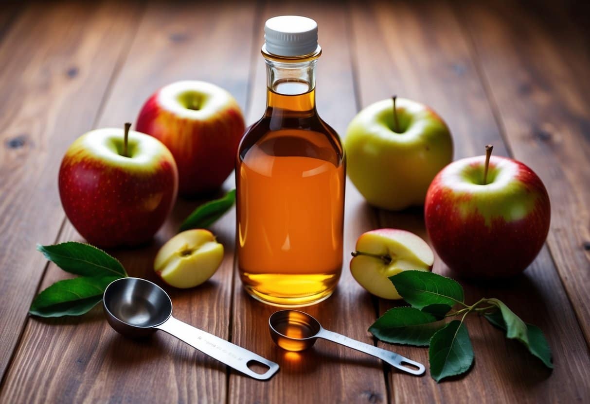 A glass bottle of apple cider vinegar surrounded by fresh apples and a measuring spoon on a wooden kitchen counter