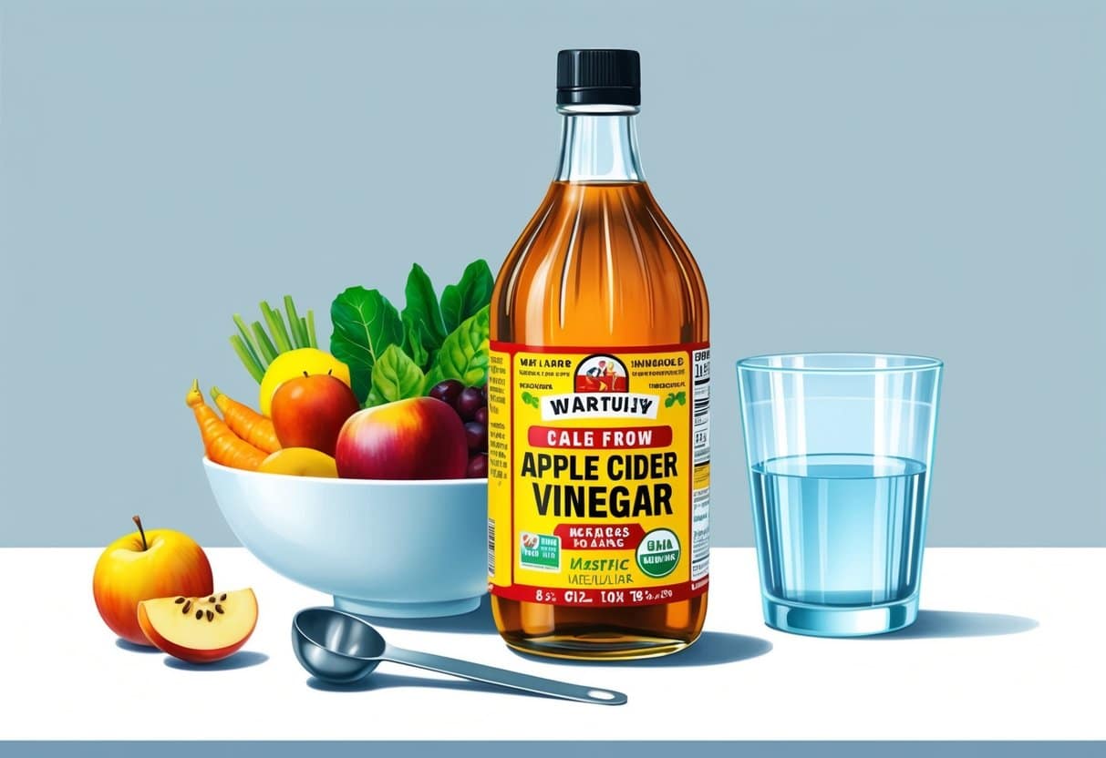 A bottle of apple cider vinegar sits next to a bowl of fresh fruits and vegetables, with a glass of water and a measuring spoon nearby