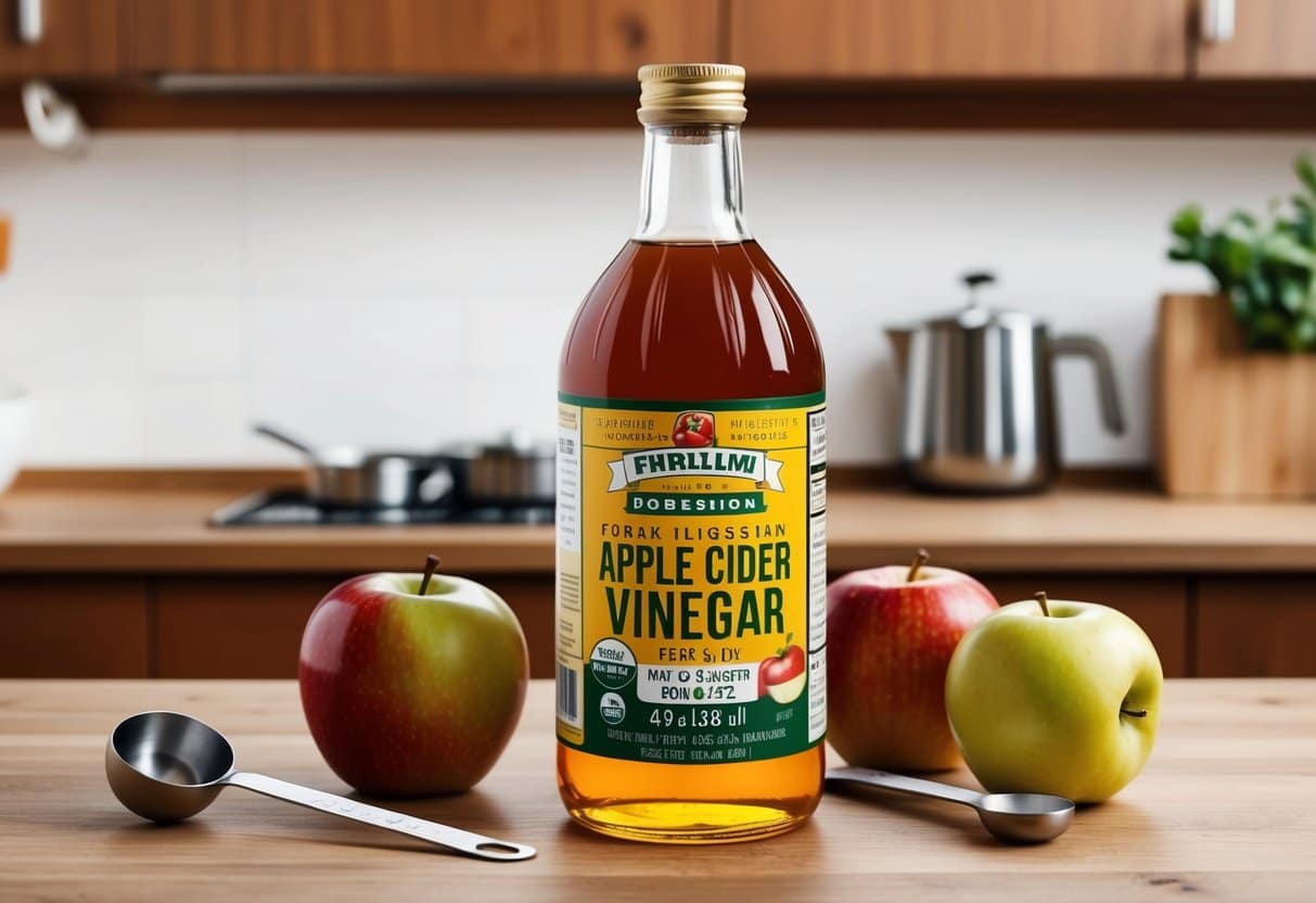 A bottle of apple cider vinegar sits on a kitchen counter, surrounded by fresh apples and a measuring spoon