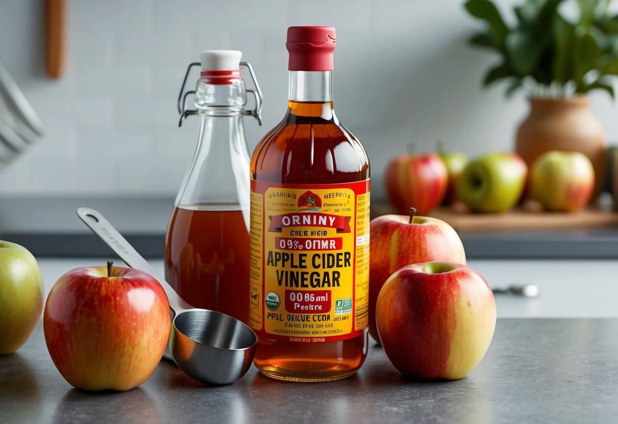 A bottle of apple cider vinegar surrounded by fresh apples and a measuring spoon on a kitchen counter