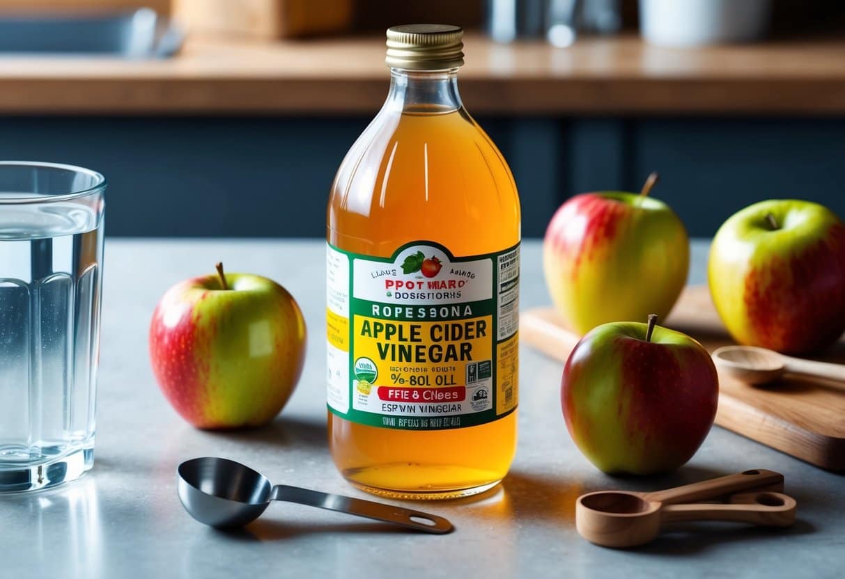 A bottle of apple cider vinegar sits on a kitchen counter, surrounded by fresh apples and a measuring spoon. A glass of water is nearby
