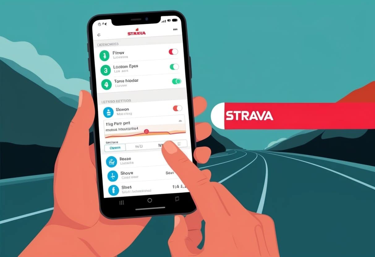A person's phone with Strava app open, location settings being turned off