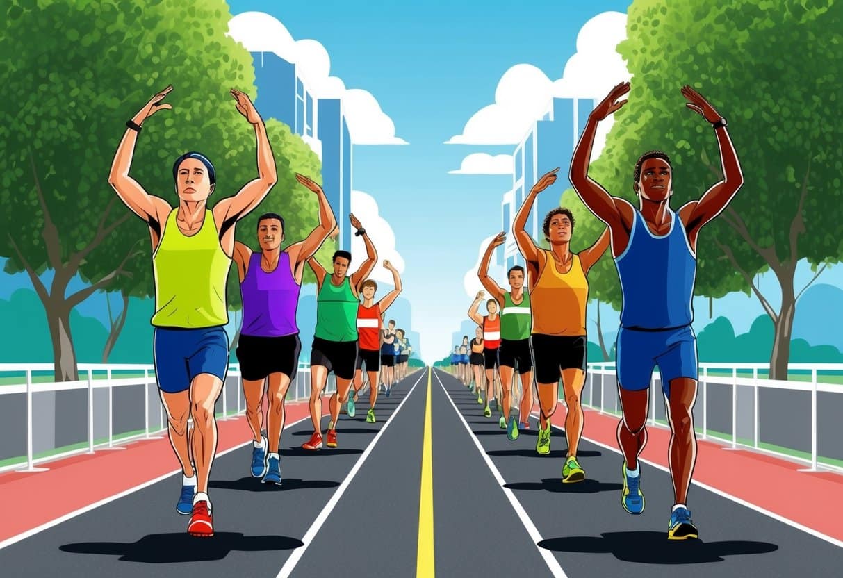a group of people running on a road