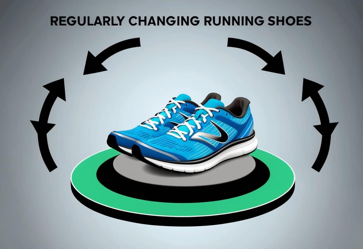 A pair of running shoes on a rotating platform, surrounded by arrows pointing in different directions, symbolizing the importance of regularly changing and rotating running shoes for optimal performance and longevity
