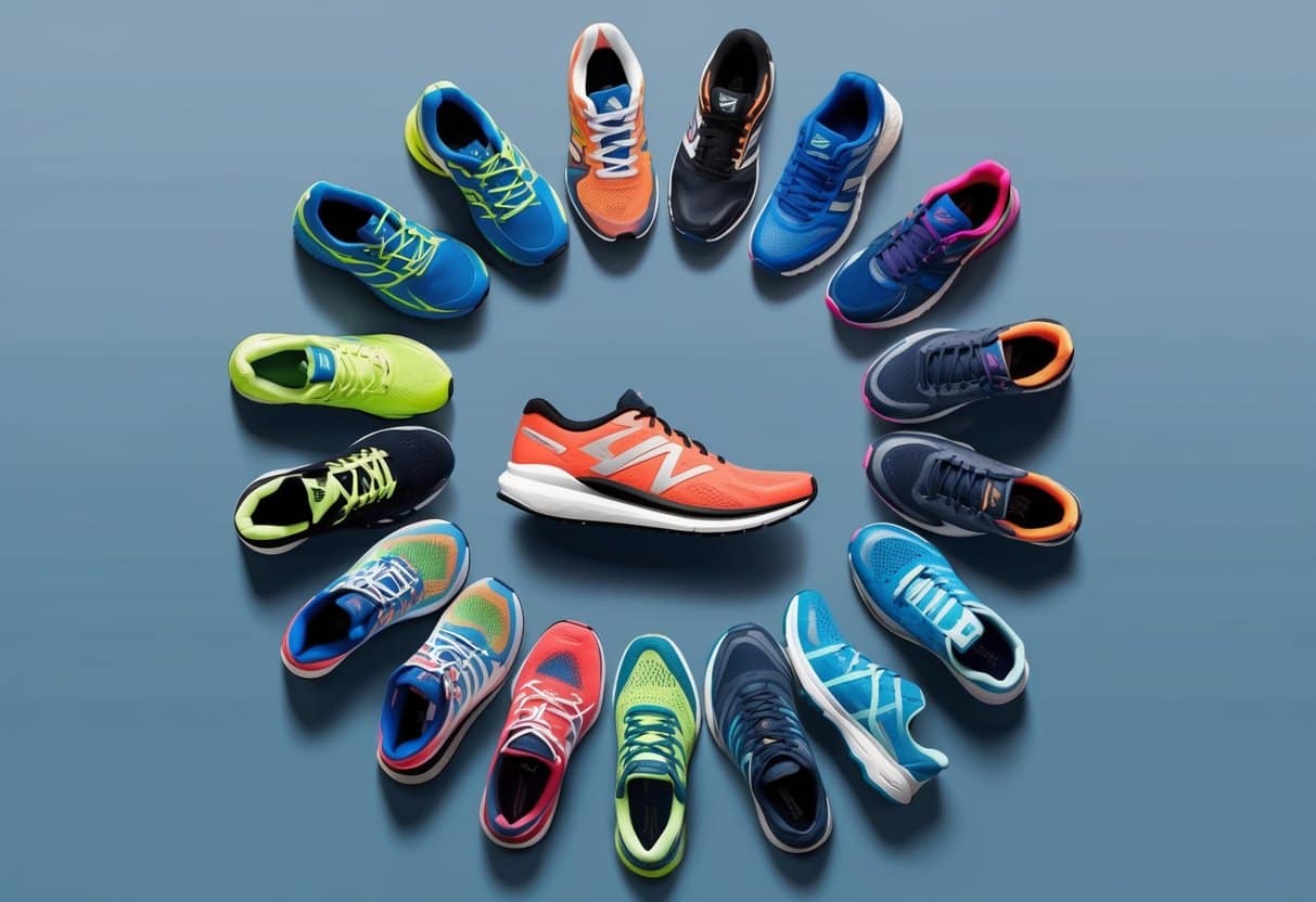 A collection of different styles and brands of running shoes arranged in a circular pattern, symbolizing the concept of shoe rotation for performance and longevity