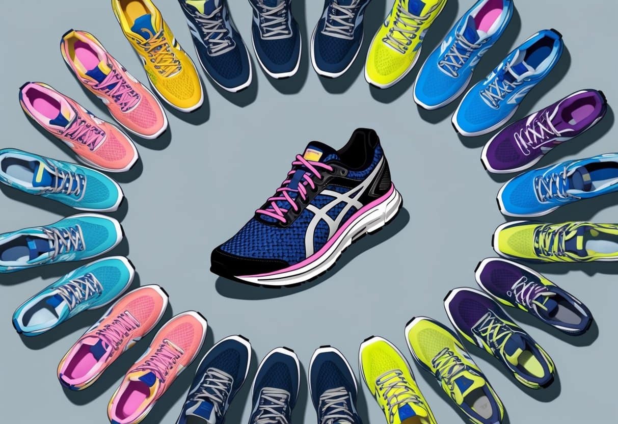 A collection of running shoes arranged in a circular pattern, with one pair prominently displayed in the center. The shoes vary in color, style, and wear, suggesting regular rotation for maximum performance and longevity