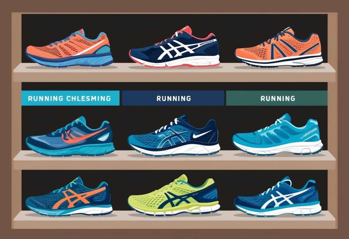 A collection of different running shoes arranged on a shelf, with each pair representing a different type of running activity