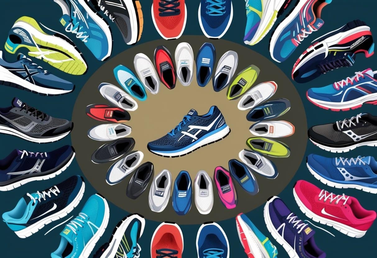 A lineup of different running shoes arranged in a circular pattern, with each shoe representing a different style or brand