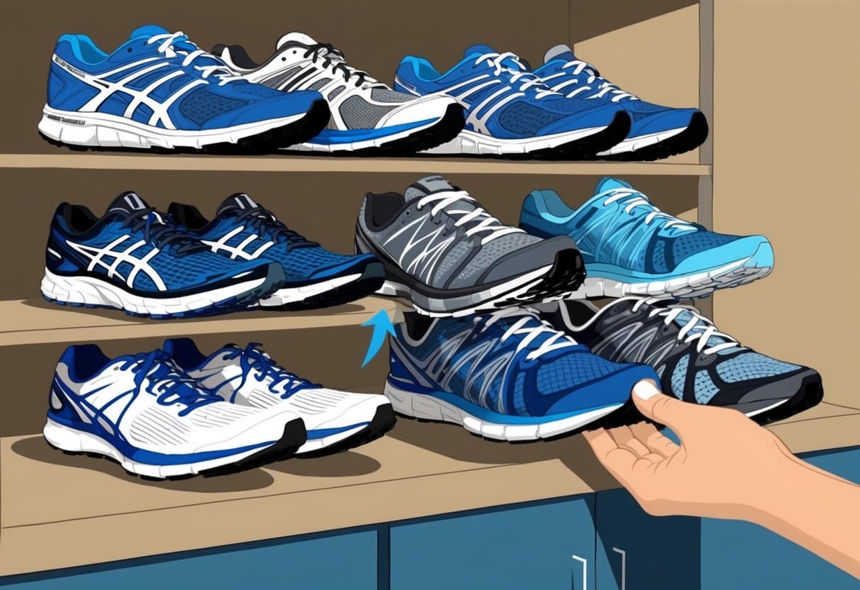 A lineup of different running shoes arranged neatly on a shelf, with a pair being swapped out for another to illustrate the concept of shoe rotation for maximizing performance and longevity