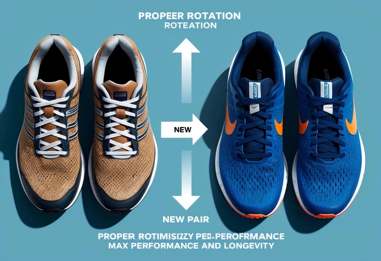A pair of worn-out running shoes next to a new pair, with arrows indicating the proper rotation process for maximizing performance and longevity