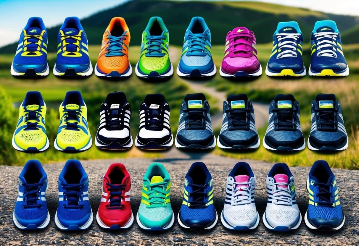 A collection of different running shoes arranged in a neat row, with various styles and colors, surrounded by a backdrop of a scenic running trail