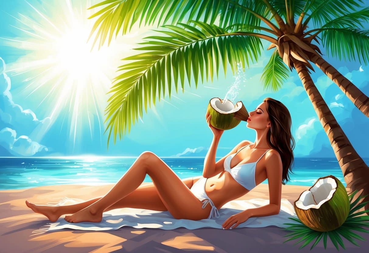 a woman in a garment drinking a coconut on a beach
