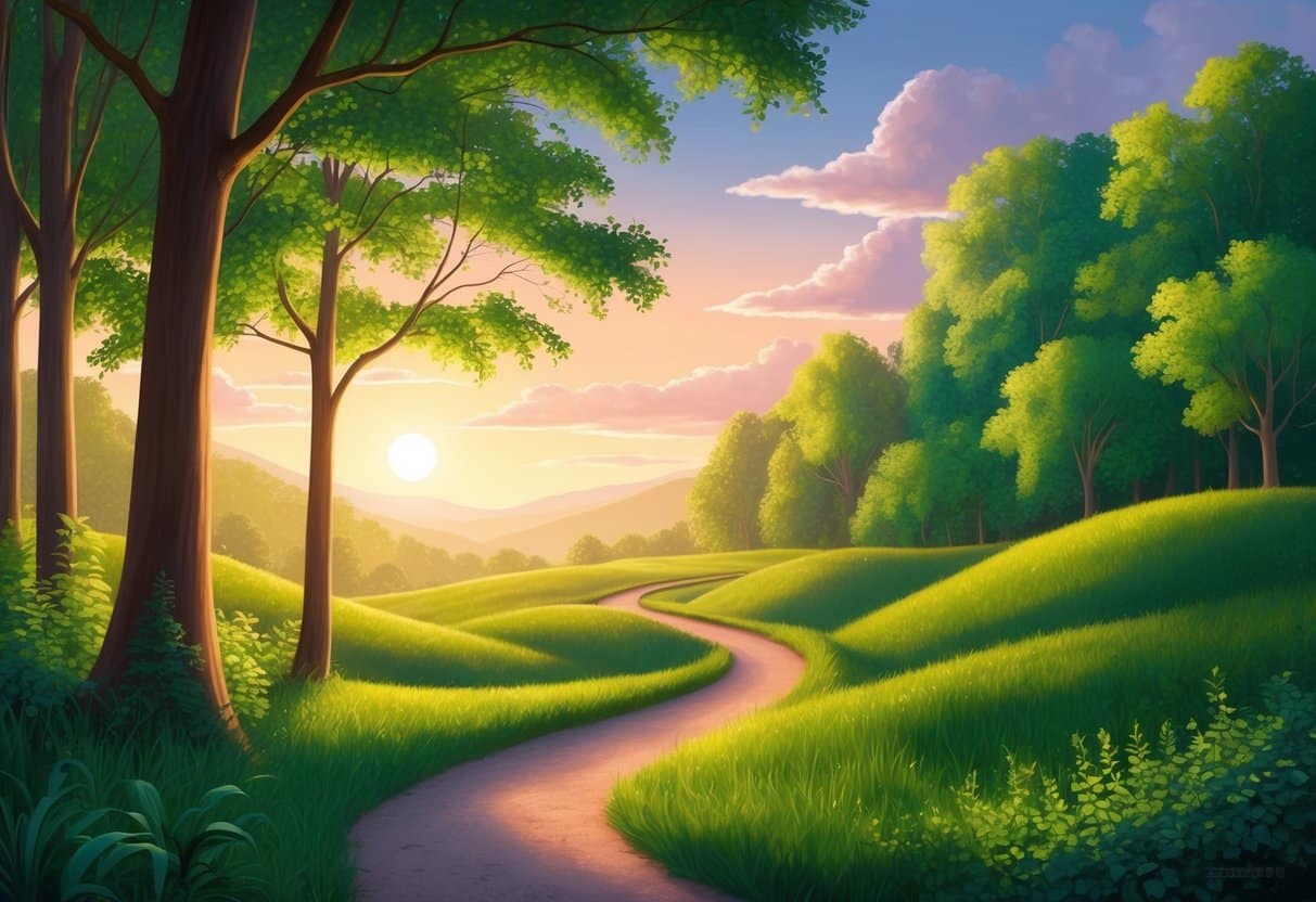 A serene landscape with a winding path through a lush green forest, with a warm glow from the setting sun