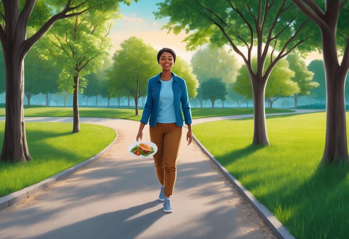 A person walking through a park or along a path after a meal, with a peaceful and content expression on their face