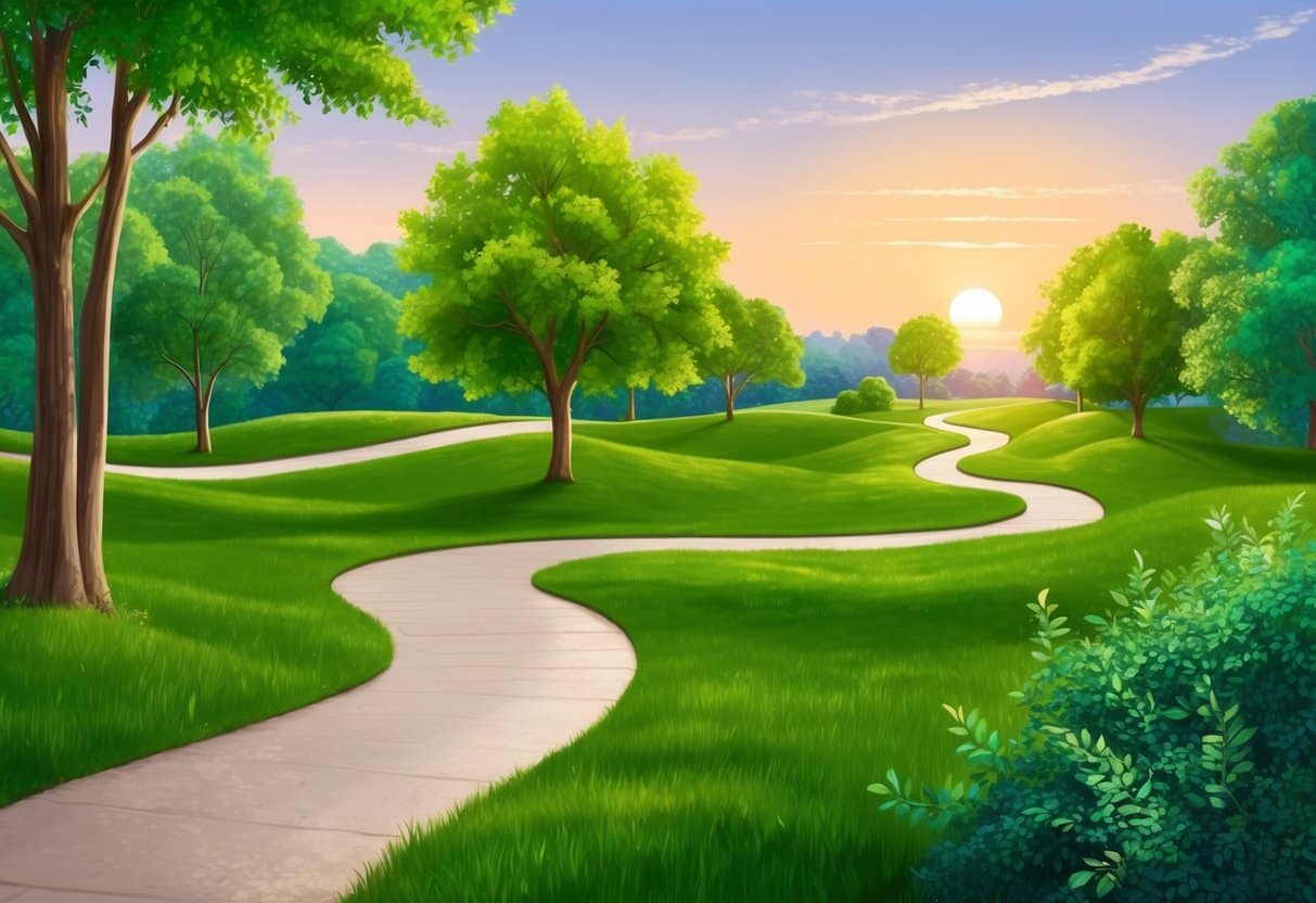 A serene park with a winding path surrounded by lush greenery, with a gentle breeze and the sun setting in the distance