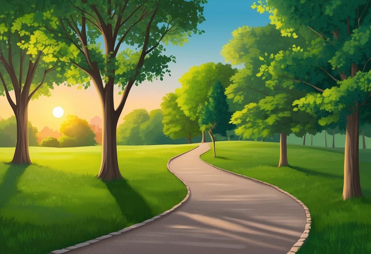 A serene path through a park, with a winding trail and lush greenery, as the sun begins to set, casting a warm glow over the landscape