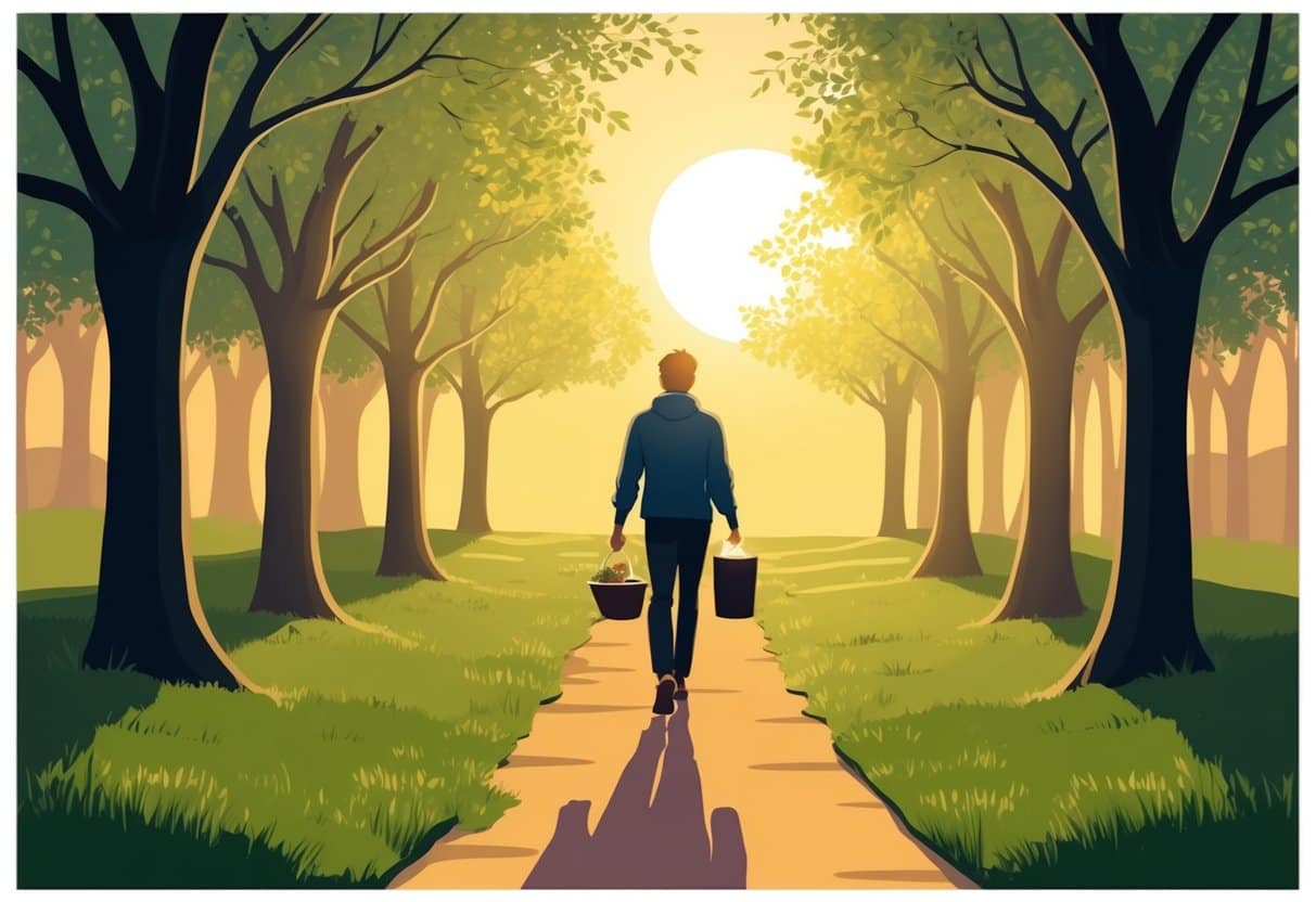 A person walking through a peaceful, tree-lined path after a meal, with a warm, golden glow from the setting sun casting long shadows on the ground