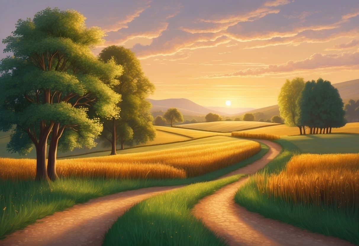A peaceful countryside landscape with a winding path through fields and trees, with a warm, golden glow from the setting sun