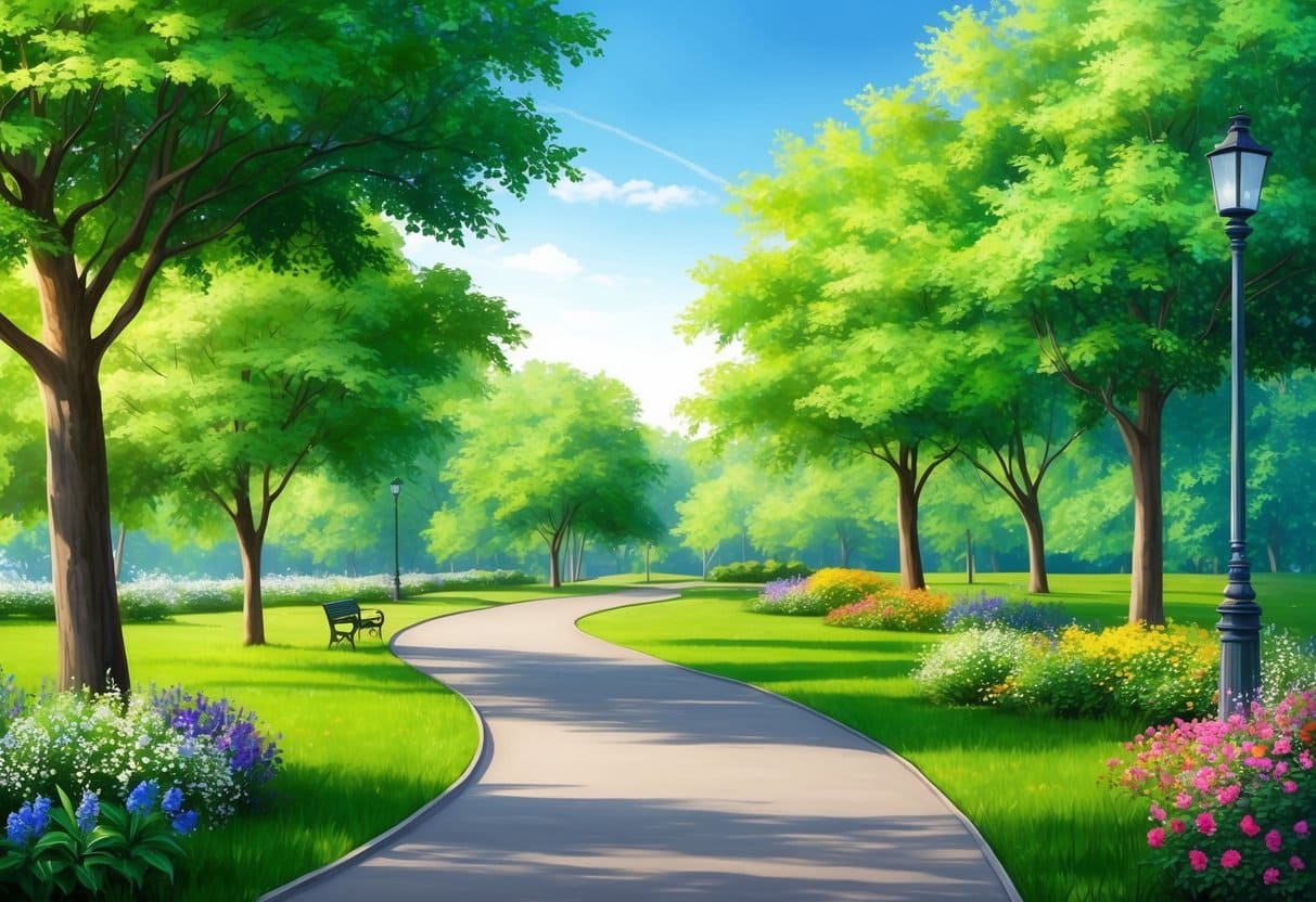 A serene park pathway surrounded by lush green trees and colorful flowers, with a gentle breeze and a clear blue sky overhead