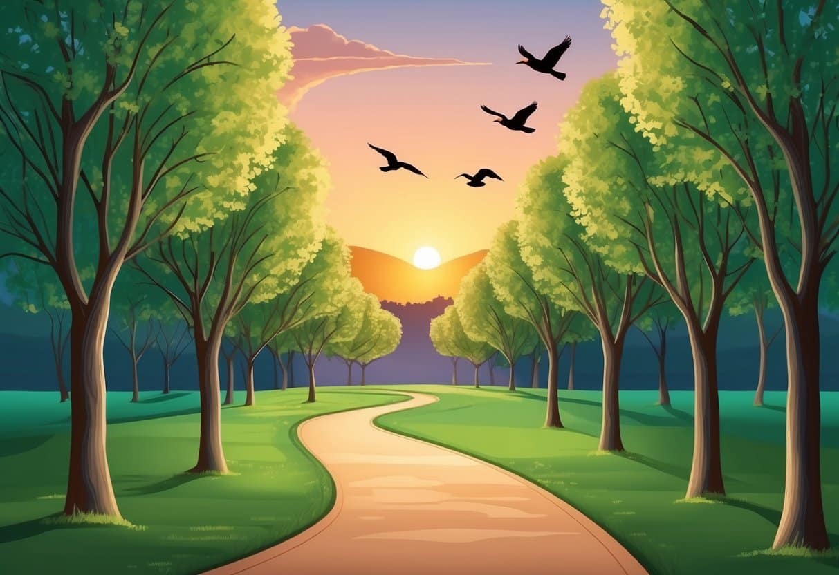 A serene, tree-lined path winding through a park, with the sun setting in the distance and birds flying overhead