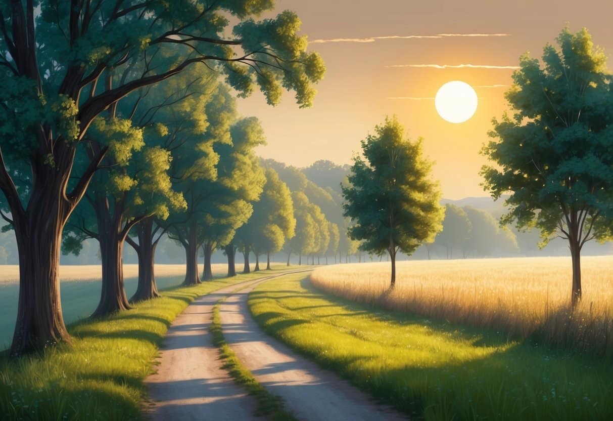 A serene, tree-lined path winding through a peaceful countryside, with the sun low in the sky casting a warm, golden light over the scene