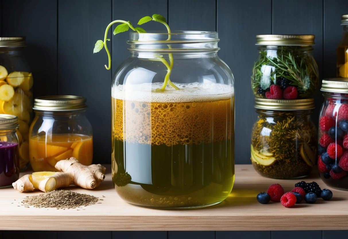 A bubbling glass jar of fermenting kombucha sits on a wooden shelf, surrounded by jars of colorful ingredients like ginger, berries, and herbs. A vine-like SCOBY floats on the surface