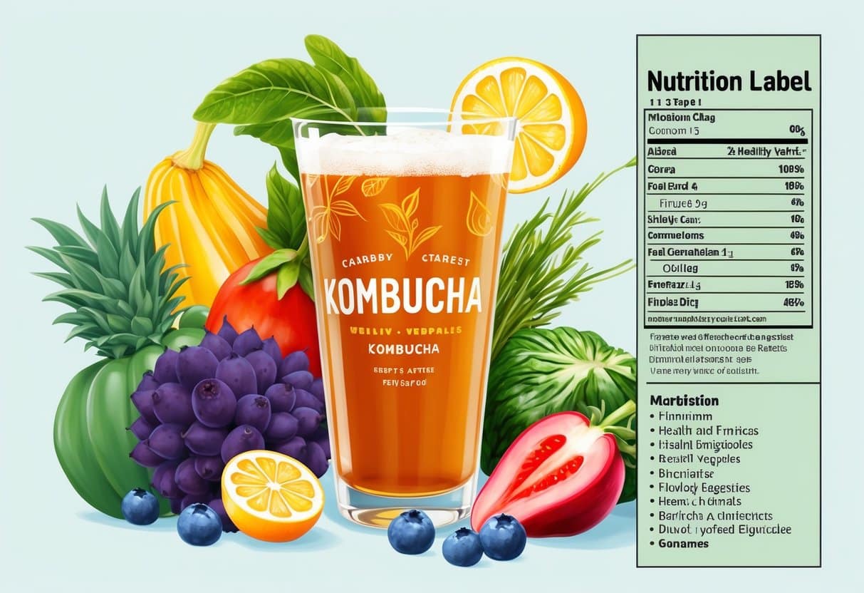 A glass of kombucha surrounded by various fruits and vegetables, with a nutrition label and a list of health benefits displayed nearby