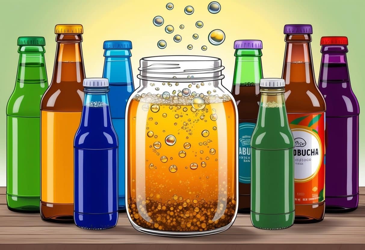 A glass jar of brewing kombucha surrounded by colorful bottles of various flavors, with bubbles rising to the surface