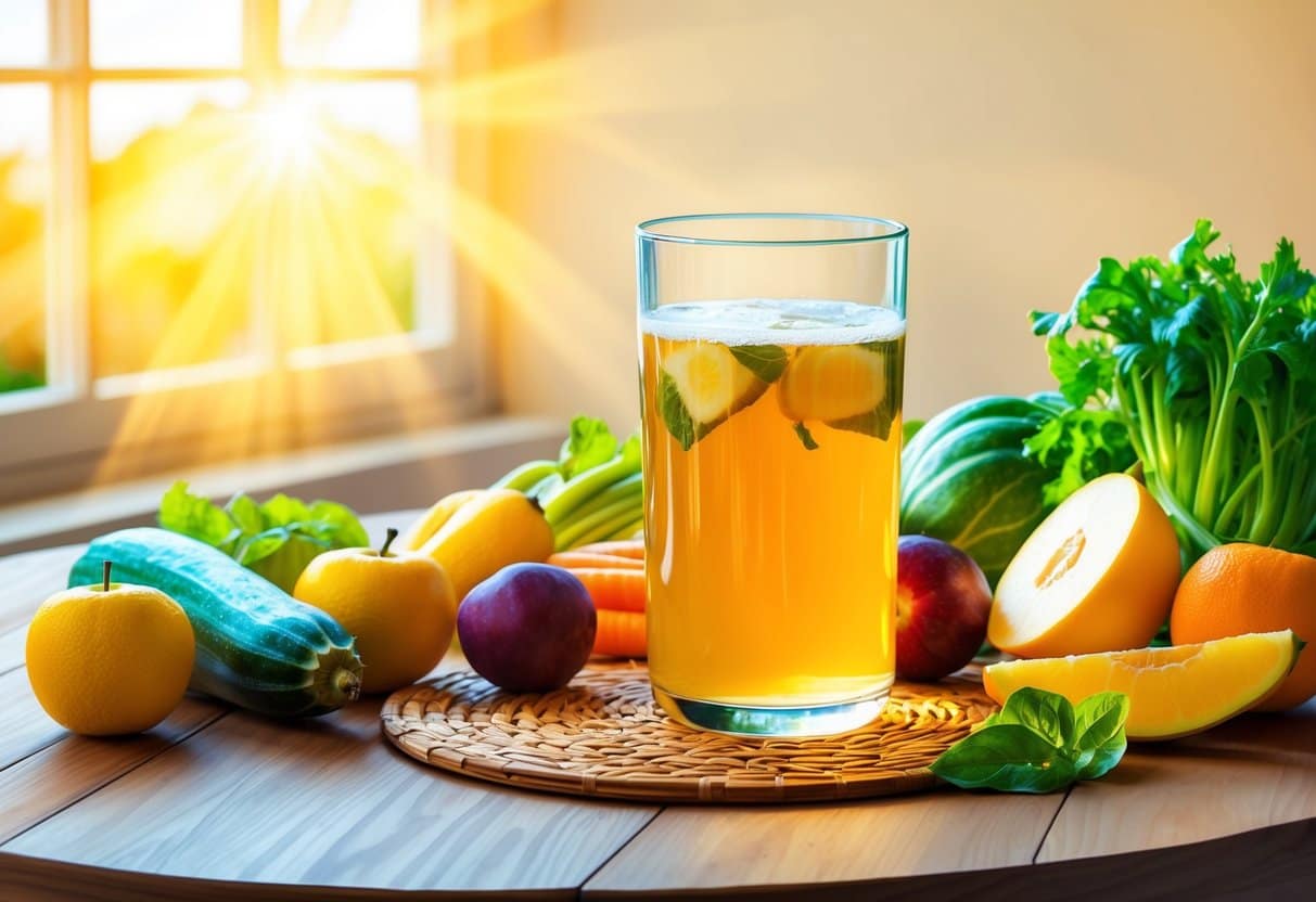 A glass of kombucha surrounded by fresh fruits and vegetables on a wooden table. Sunshine streaming in through a nearby window, casting a warm glow over the scene