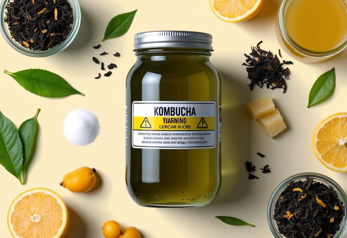 A glass jar of kombucha surrounded by various ingredients like tea leaves, sugar, and fruit, with a warning sign symbolizing potential risks and considerations