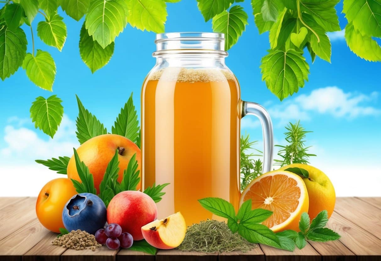 A glass jar of kombucha surrounded by various fruits and herbs, with a backdrop of lush green leaves and a clear blue sky