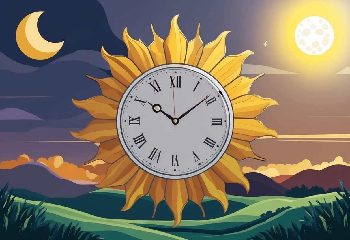 A clock surrounded by sun and moon, casting shadows and light on a landscape
